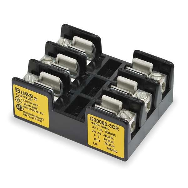 Eaton Bussmann Open Fuse Block, G UL Class, 3 Poles, 31 to 60A Amp Range, 300V AC/DC Volt Rating - G30060-3CR