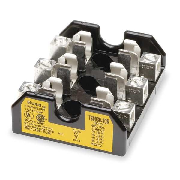 Eaton Bussmann Open Fuse Block, 0 to 30A Amp Range, 600V AC/DC Volt Rating, 3 Poles, Screw - T60030-3SR