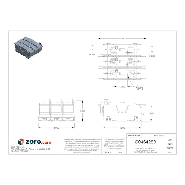Eaton Bussmann Open Fuse Block, H; K5 UL Class, 3 Poles, 35 to 60A Amp Range, 250V AC/DC Volt Rating - HM25060-3CR