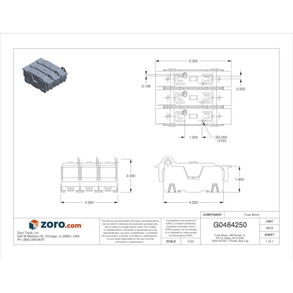 Eaton Bussmann Open Fuse Block, H; K5 UL Class, 3 Poles, 35 to 60A Amp Range, 250V AC/DC Volt Rating - HM25060-3CR
