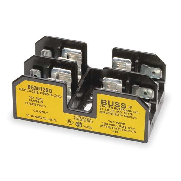 Eaton Bussmann Open Fuse Block, G UL Class, 2 Poles, 0 to 15A Amp Range, 600V AC/DC Volt Rating - BG3012SQ