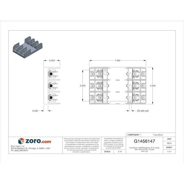 Mersen Open Fuse Block, R UL Class, 3 Poles, 0 to 30A Amp Range, 600V AC/DC Volt Rating - 60358R
