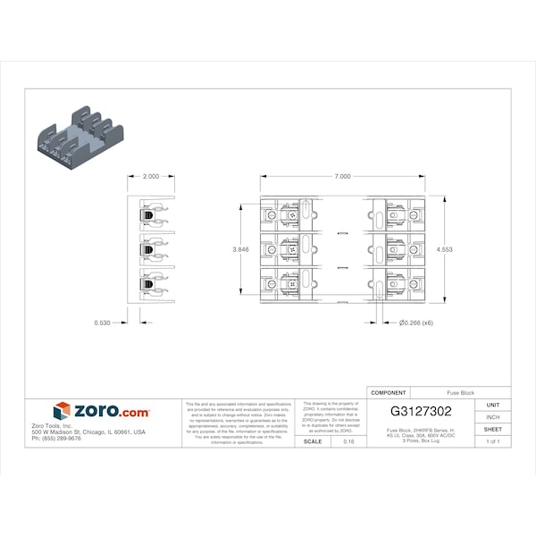 Mersen Open Fuse Block, H; K5 UL Class, 3 Poles, 0 to 30A Amp Range, 600V AC/DC Volt Rating - 60308