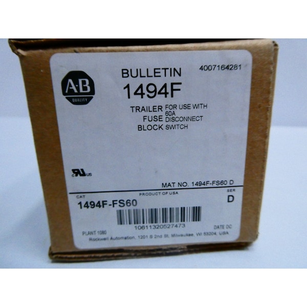 Allen Bradley TRAILER 3P 60A AMP 600V-AC FUSE BLOCK - 1494F-FS60