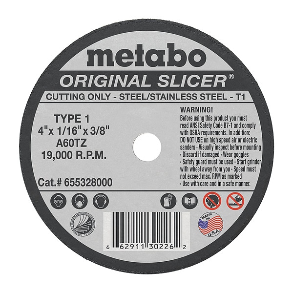 Rueda de corte Metabo, T1, A60TZ, 4"X1/16"X3/8" - 655328000
