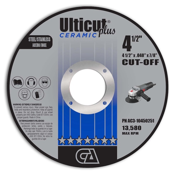 Rueda de corte reforzada doble Continental Abrasivos 4-1/2" x .040" x 7/8" de cerámica Ulticut Plus T1 para acero inoxidable/acieros - AC3-10450251