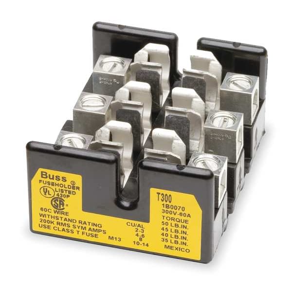 Eaton Bussmann Open Fuse Block, T UL Class, 3 Poles, 0 to 30A Amp Range, 300V AC/DC Volt Rating - T30030-3CR