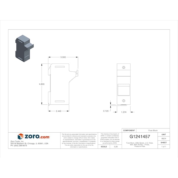 Mersen Finger Safe Fuse Block, J UL Class, 1 Poles, 31 to 60A Amp Range, 600V AC/DC Volt Rating - US6J1