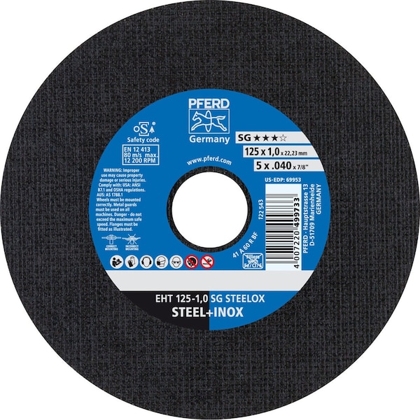 Pferd 69953 5 pulgadas x .040 pulgadas Rueda de corte con centro de 7/8 pulgadas AH A R SG INOX 60 Grit Tipo 1 - 69953-PFERD