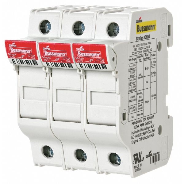 Eaton Bussmann Finger Safe Fuse Block, 3 Poles, 0 to 30A Amp Range, 600V AC/DC Volt Rating - CHM3DU
