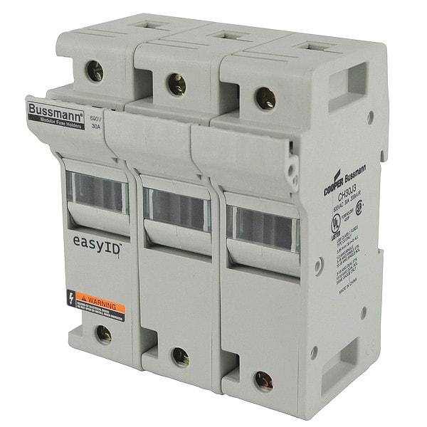 Eaton Bussmann Fuse Holder, 0 to 30A Amp Range, 600V AC/DC Volt Rating, 3 Poles, Box Lug - CH30J3