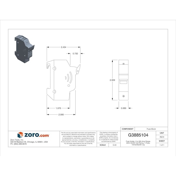 Eaton Bussmann Fuse Holder, CC UL Class, 600V AC/DC Volt Rating, 1 Poles, Clamp/Spade Lug - CHCC1DIU