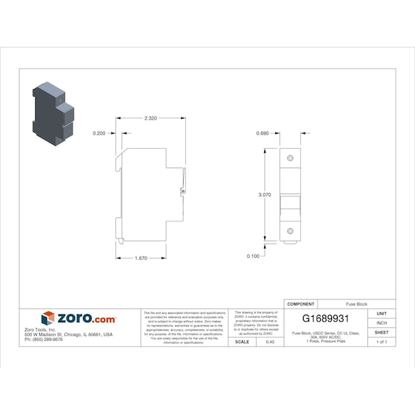 Mersen Finger Safe Fuse Block, CC UL Class, 1 Poles, 0 to 30A Amp Range, 600V AC/DC Volt Rating - USCC1