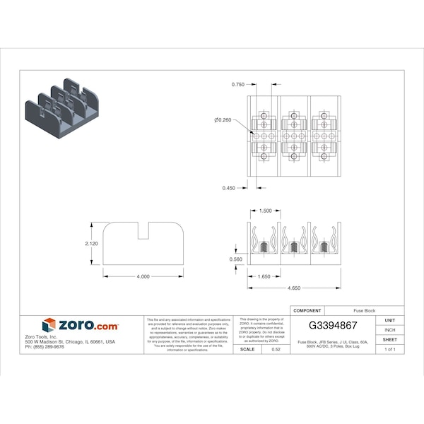 Mersen Open Fuse Block, J UL Class, 600V AC/DC Volt Rating, 3 Poles, Box Lug - 60608J
