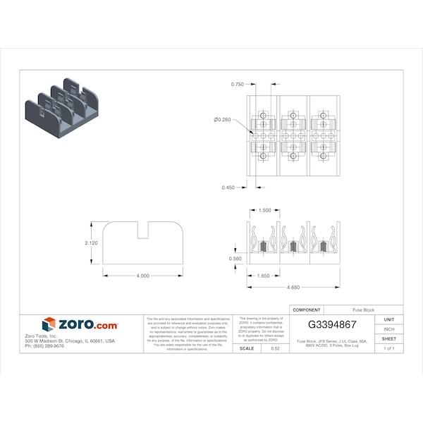 Mersen Open Fuse Block, J UL Class, 600V AC/DC Volt Rating, 3 Poles, Box Lug - 60608J