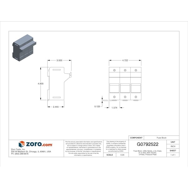 Mersen Finger Safe Fuse Block, J UL Class, 3 Poles, 31 to 60A Amp Range, 600V AC/DC Volt Rating - US6J3I