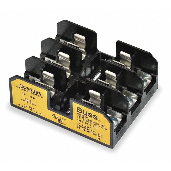 Eaton Bussmann Open Fuse Block, G UL Class, 3 Poles, 25 to 30A Amp Range, 480V AC/DC Volt Rating - BG3033S