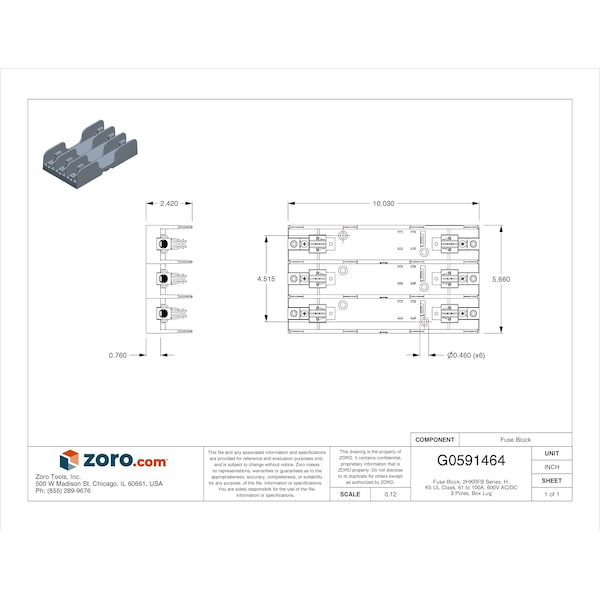 Mersen Open Fuse Block, H; K5 UL Class, 3 Poles, 61 to 100A Amp Range, 600V AC/DC Volt Rating - 61038