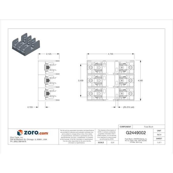 Mersen Open Fuse Block, H; K5 UL Class, 3 Poles, 31 to 60A Amp Range, 250V AC/DC Volt Rating - 20608