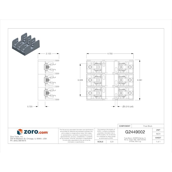 Mersen Open Fuse Block, H; K5 UL Class, 3 Poles, 31 to 60A Amp Range, 250V AC/DC Volt Rating - 20608