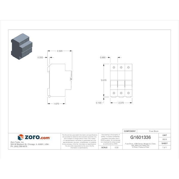 Mersen Finger Safe Fuse Block, 3 Poles, 0 to 30A Amp Range, 800V AC/1000V DC Volt Rating - USM3