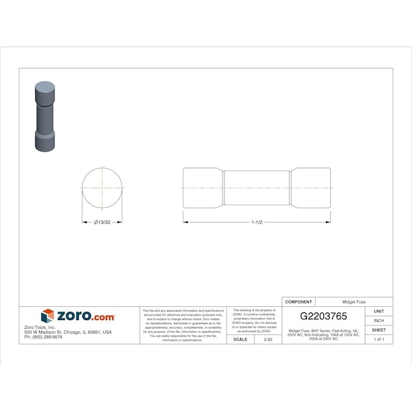 Eaton Bussmann Midget Fuse, BAF Series, Fast-Acting, 5A, 250V AC, Non-Indicating, 10kA at 125V AC, 200A at 250V AC - BAF-5