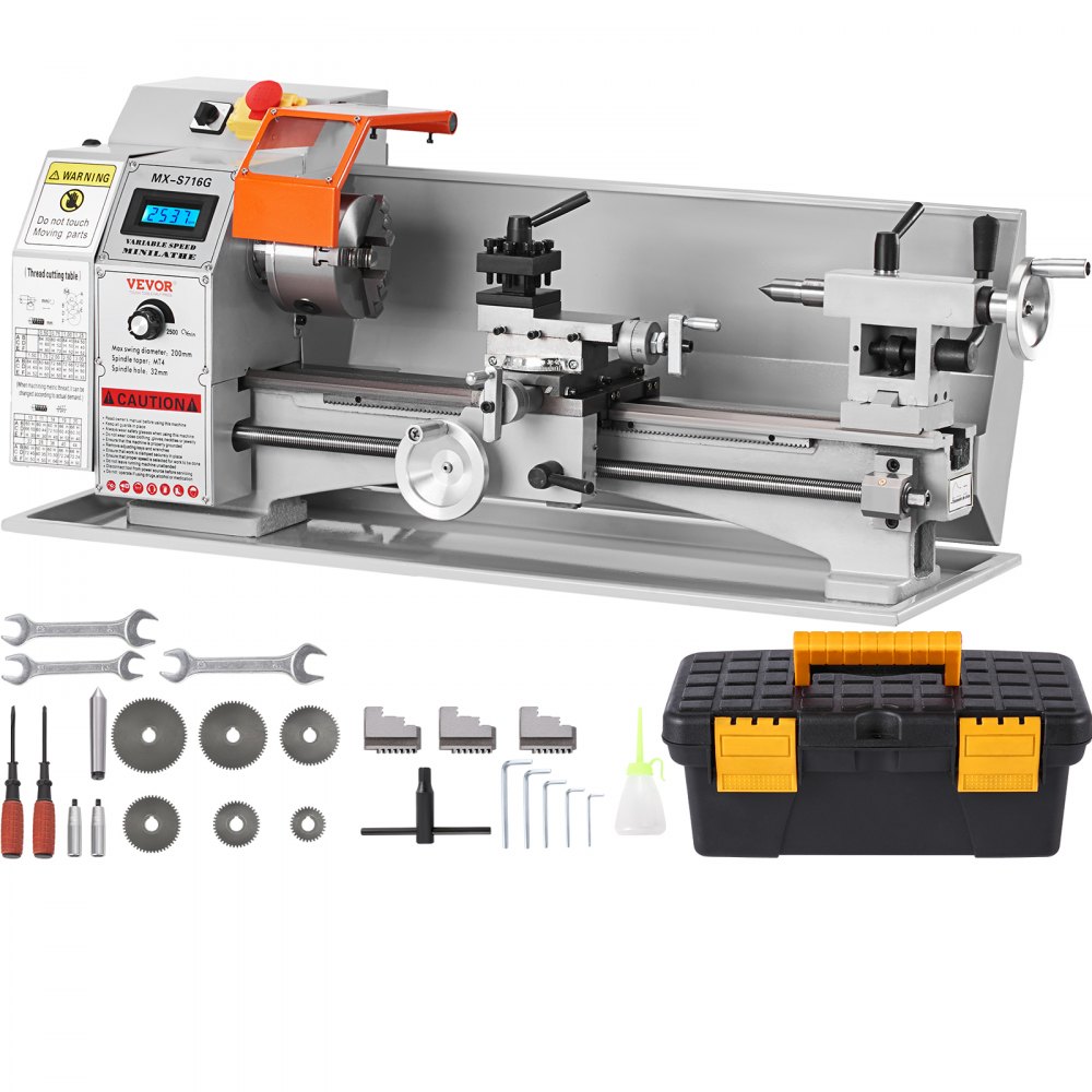 VEVOR Mini Metal Lathe Machine, 7'' x 16'', 800W Precision Benchtop Power Metal Lathe, 150-2500 RPM Continuously Variable Speed, with 3.9'' 3-jaw Metal Chuck Tool Box for Processing Precision Parts - BZDMNJSCCSFWSEYI0V1