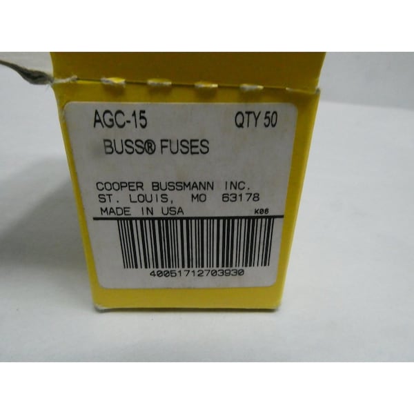 Eaton Bussmann 15A AMP 32V-AC CARTRIDGE FUSE, 50PK - AGC-15