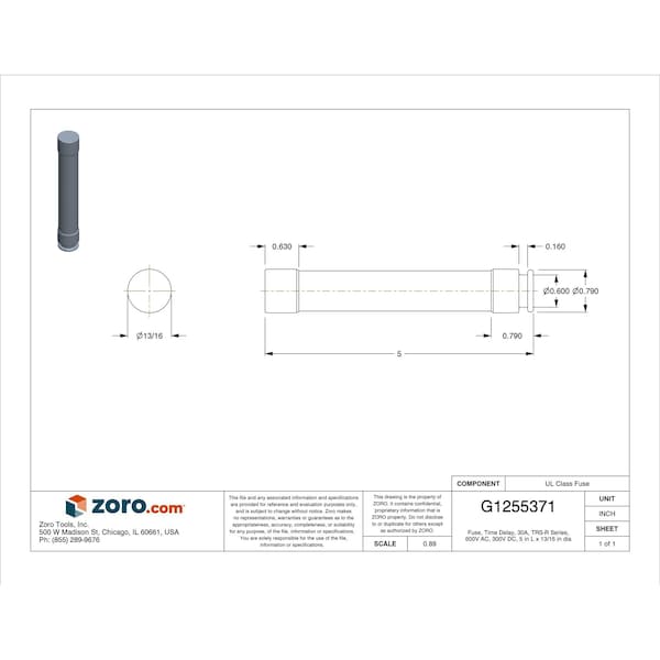 Mersen UL Class Fuse, RK5 Class, Time-Delay, 30A, 600V AC, Non-Indicating - TRS30R