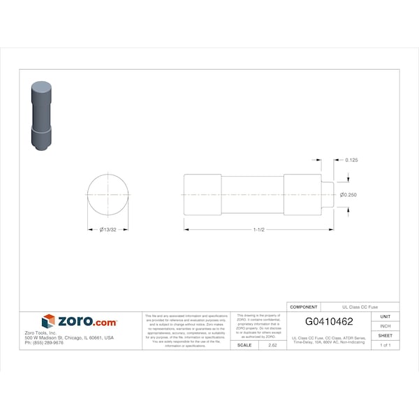Mersen UL Class Fuse, CC Class, ATDR Series, Time-Delay, 10A, 600V AC, Non-Indicating - ATDR10
