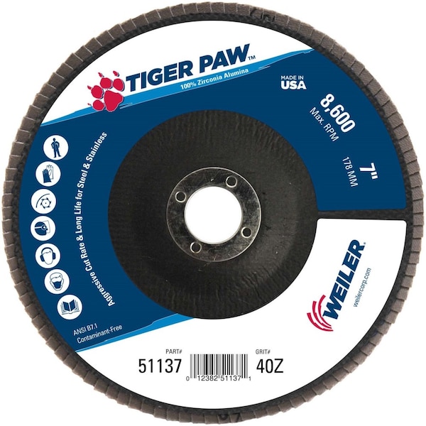 Weiler 7" Disco de láminas abrasivas Tiger Paw, Plano (TY27), 40Z, 7/8" - 51137