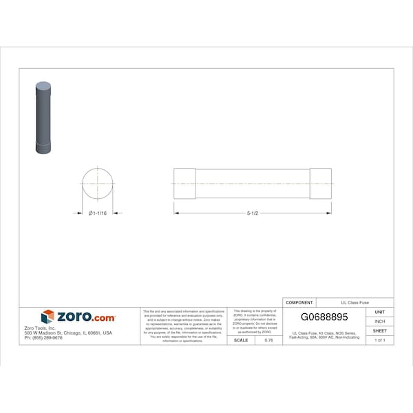Eaton Bussmann UL Class Fuse, K5 Class, Fast-Acting, 60A, 600V AC, Non-Indicating - NOS-60