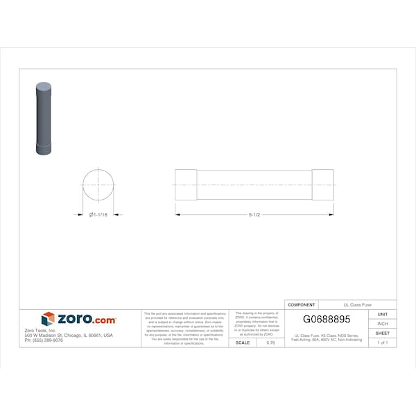 Eaton Bussmann UL Class Fuse, K5 Class, Fast-Acting, 60A, 600V AC, Non-Indicating - NOS-60