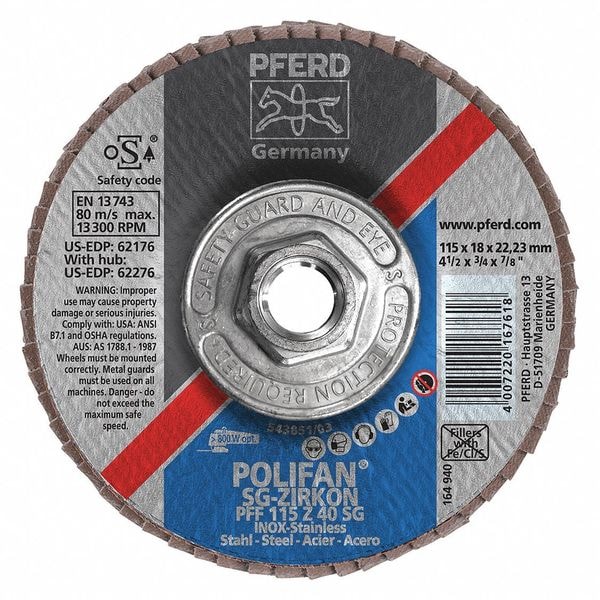 Pferd 4-1/2" x 5/8-11 Thd. Disco de láminas POLIFAN® - Z SG POWER STEELOX, Zirconia, 40 Granos, Plano - 62276