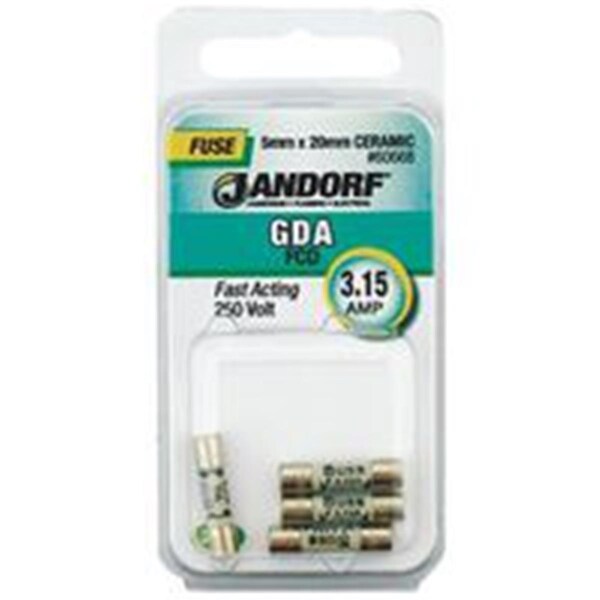 Jandorf UL Class Fuse, GDA Series, Fast-Acting, 3.15A, 250V AC - 3398294