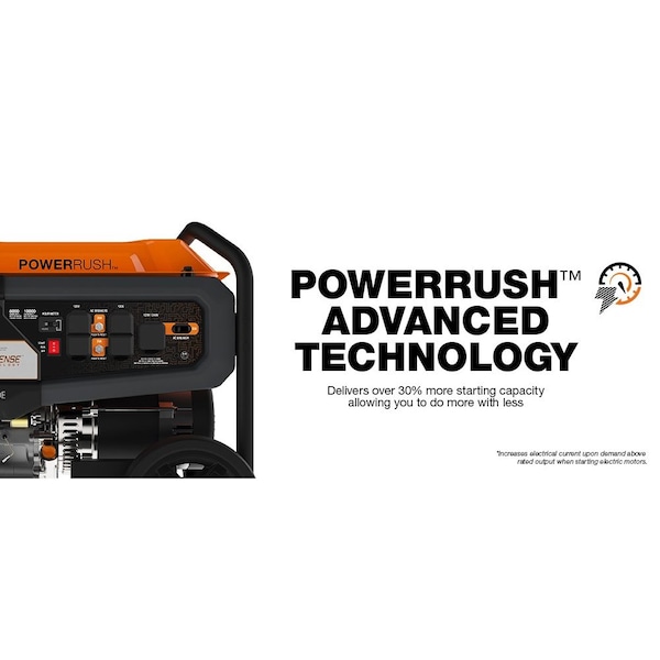 Generac Portable Generator, Gasoline, 6,500 W Rated, 8,125 W Surge, Recoil Start, 120/240V AC, 27.1 A - 7680