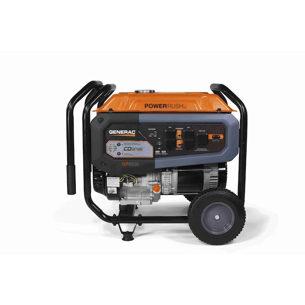 Generac Portable Generator, Gasoline, 6,500 W Rated, 8,125 W Surge, Recoil Start, 120/240V AC, 27.1 A - 7680