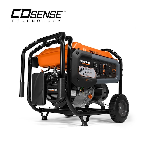 Generac Portable Generator, Gasoline, 6,500 W Rated, 8,125 W Surge, Recoil Start, 120/240V AC, 27.1 A - 7680
