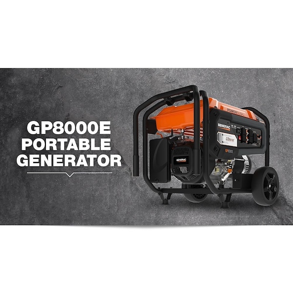 Generac Portable Generator, Gasoline, 6,500 W Rated, 8,125 W Surge, Recoil Start, 120/240V AC, 27.1 A - 7680