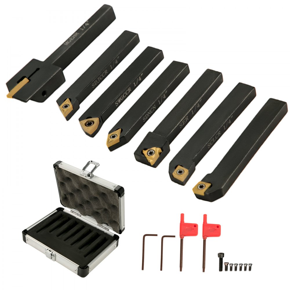 VEVOR Indexable Carbide Tools 1/4" Industrial Lathe Tools 7Pcs/Set Turning Tool Set Super-hard 40cr Mental Lathe Tools Inserts Carbide Tool Holder for Lathe in Black with Portable Case - CCCDSFZYCFHQJT001V0