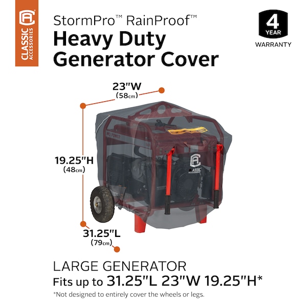 Classic Accessories StormPro RainProof Heavy-Duty Generator Cover, 29.25"L x 21"W x 19.25"H - 52-225-041001-EC
