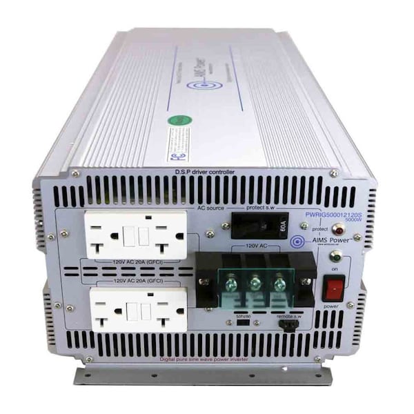 Aims Power Power Inverter, Pure Sine, 1,0000 W Peak, 5,000 W Continuous, 4 Outlets - PWRIG500048120S