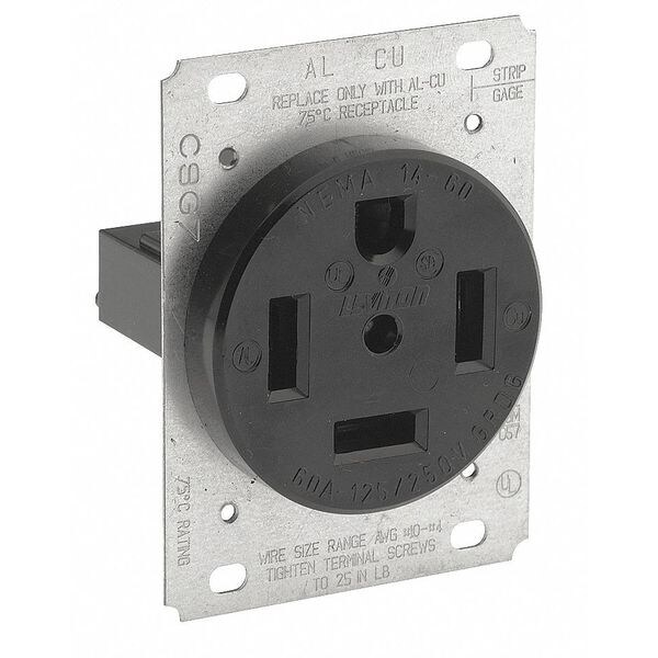 Leviton Receptacle, 60 A Amps, 125/250VAC, Flush Mount, Single Outlet, 14-60R, Black - 9460