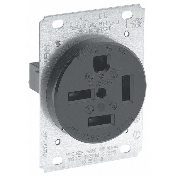 Leviton Receptacle, 50 A Amps, 250VAC, Flush Mount, Single Outlet, 15-50R, Black - 8450