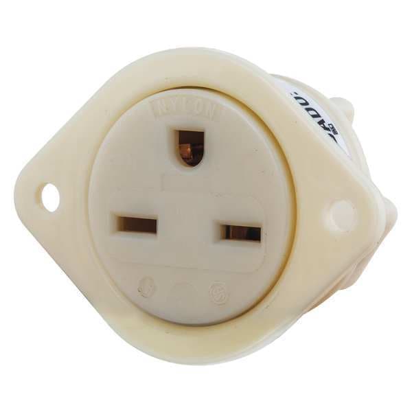 Bryant Flanged Receptacle, 15 A Amps, 250V AC, Panel Mount, Inlet Outlet, 6-15R, White - 5679