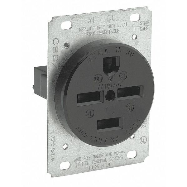 Leviton Receptacle, 30 A Amps, 250VAC, Flush Mount, Single Outlet, 15-30R, Black - 8430