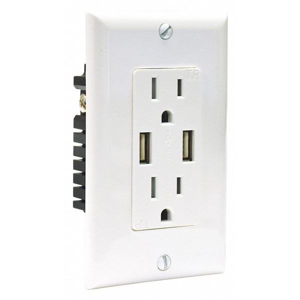 Zoro Select USB Charger Receptacle, 4 Amps, 125V AC, Flush Mount, Standard Duplex Outlet, 5-15P, White - 62186