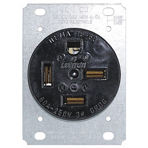 Leviton Receptacle, 60 A Amps, 250VAC, Flush Mount, Single Outlet, 15-60R, Black - 8460