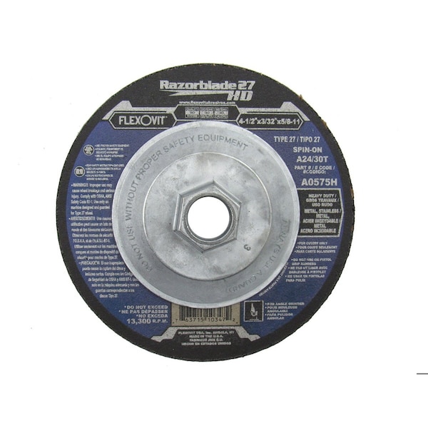 Rueda de corte pesado Flexovit Razorblade 27 HD, 4-1/2 pulgadas de diámetro x 3/32 pulgadas de grosor, grano A24/30T - A0575H
