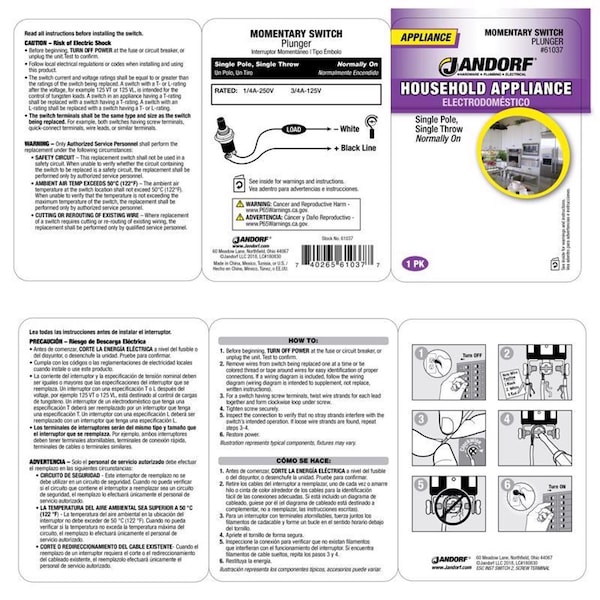 Jandorf Jandorf 0.25 amps Single Pole Momentary/Normally On Appliance Switch Black 1 pk - 61037